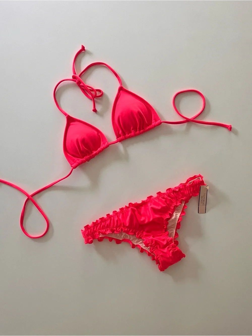 NWT Victoria’s Secret Neon Pink Ruffle Triangle Bikini - Cheeky Bottom, XS
